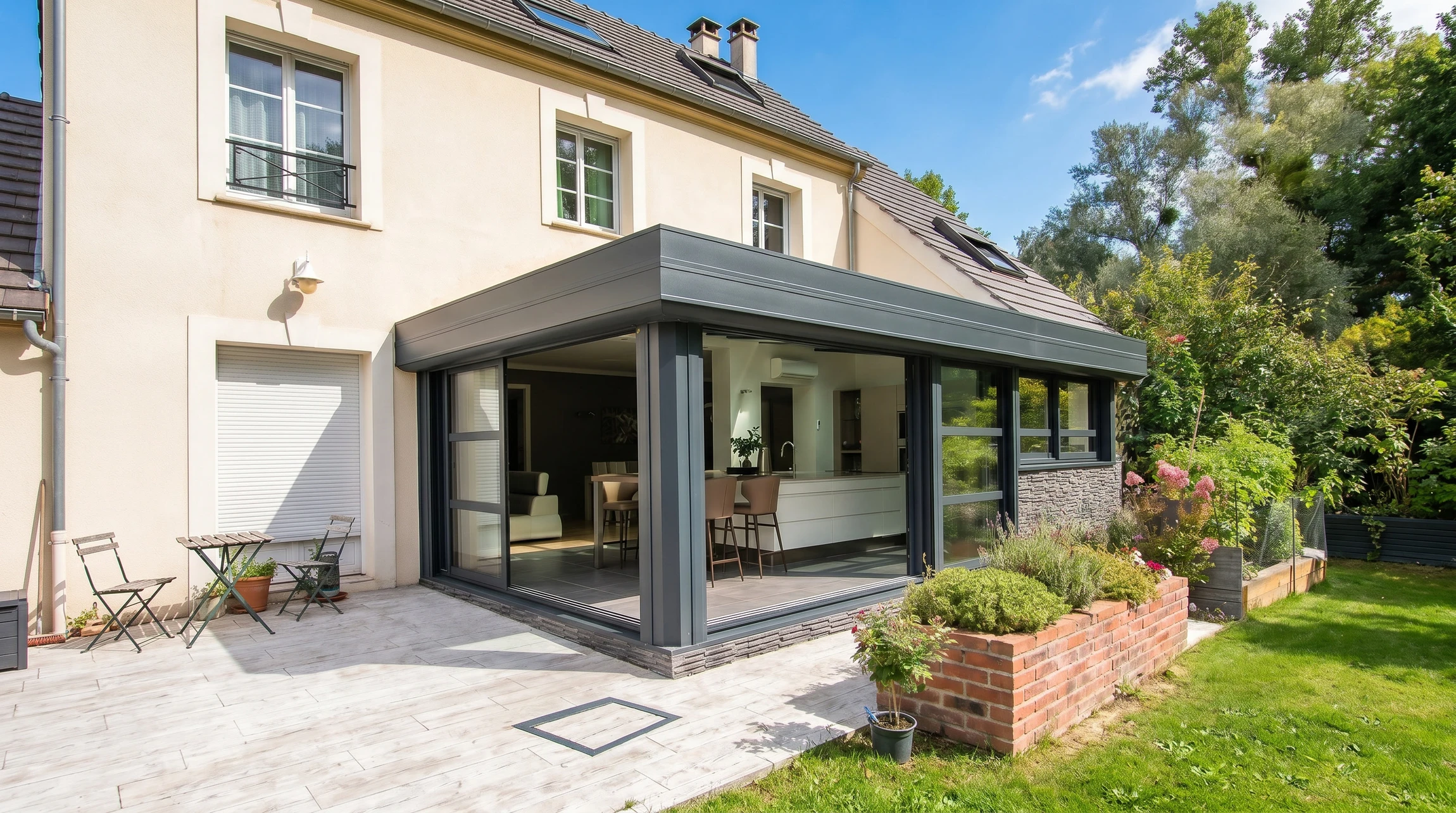 Carport bioclimatique en aluminium anthracite, structure autoportante à 4 poteaux carrés, toiture à lames orientables