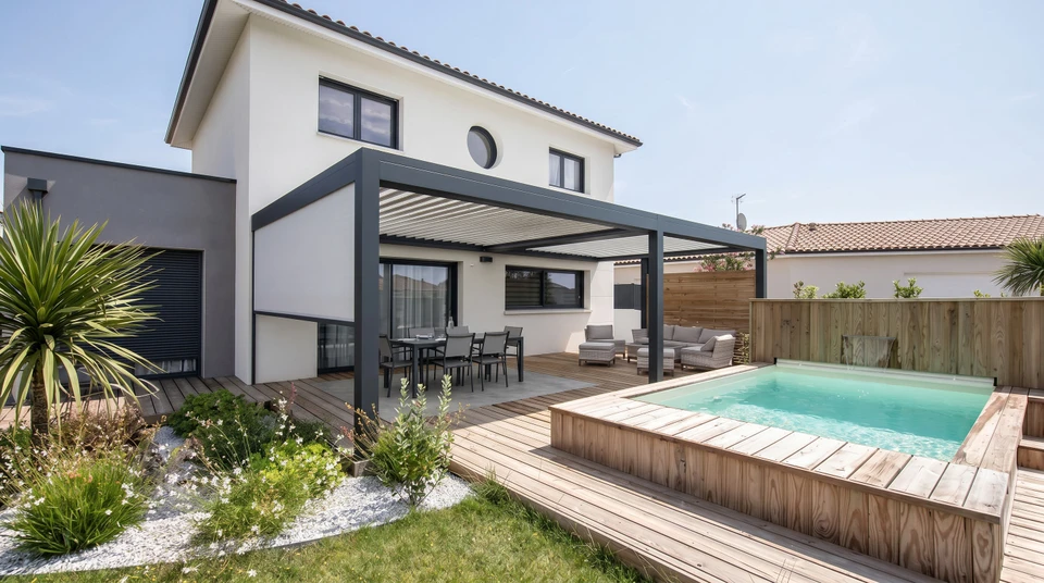 Salon moderne ouvert sur terrasse en bois composite via baie vitrée coulissante à châssis aluminium noir